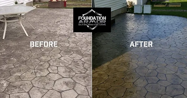 Wet-look sealer applied to stamped concrete by Eagle Concrete Corp